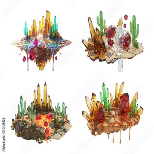Floating crystal islands desert landscape vibrant cacti glistening gems dripping amber, smooth glossy surface rich color palette gold teal crimson green and hints of brown.