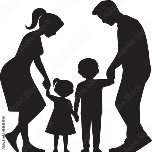 Silhouette of a family with mother father daughter and son holding hands on a white background image