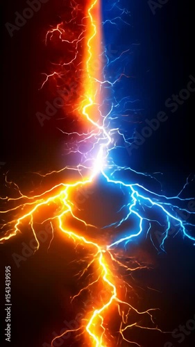 Orange and blue lightning bolts colliding and generating a powerful electrical discharge