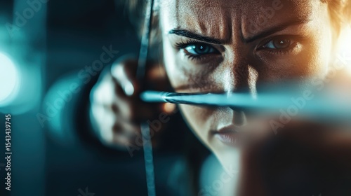 A determined female archer focuses intently while aiming her bow, capturing the intensity of concentration and strength, symbolizing perseverance and the pursuit of goals.