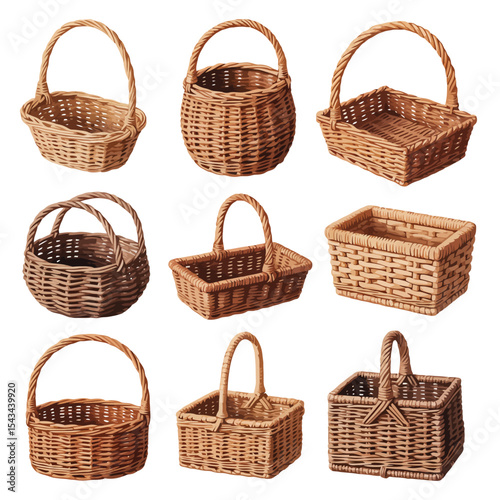 Nine watercolor illustrations of rustic wicker baskets