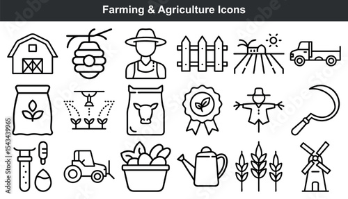 Farming Agriculture Icons Black White Line Art Set
