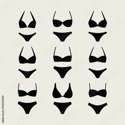 Nine different styles of black bikini sets