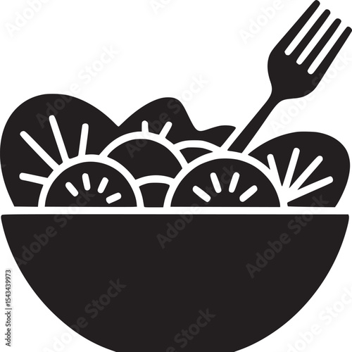 A black silhouette of a bowl filled with salad and a fork sticking out of the salad topping it off