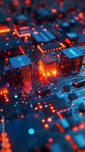 Quantum computing processor transferring data through futuristic motherboard circuitry