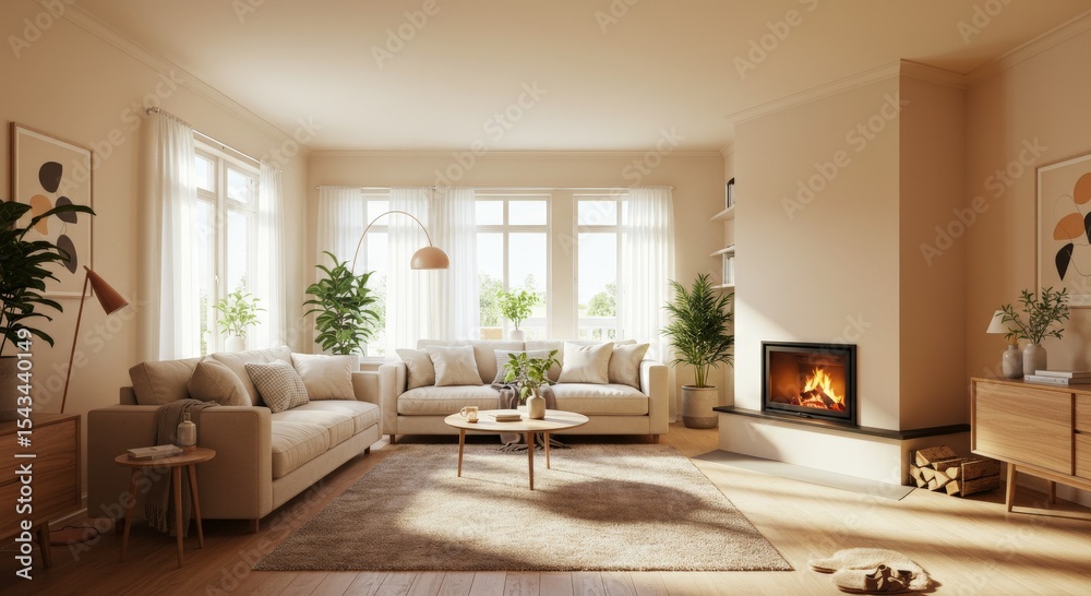Fototapeta premium Modern living room with neutral tones, textured accents, and sculptural decor. A serene space designed for relaxation.