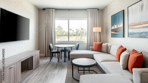 Modern hotel room with stylish decor and scenic view