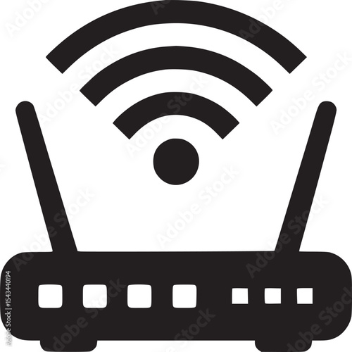 Illustration of a black wifi router with antenna and signal waves on a white background icon style