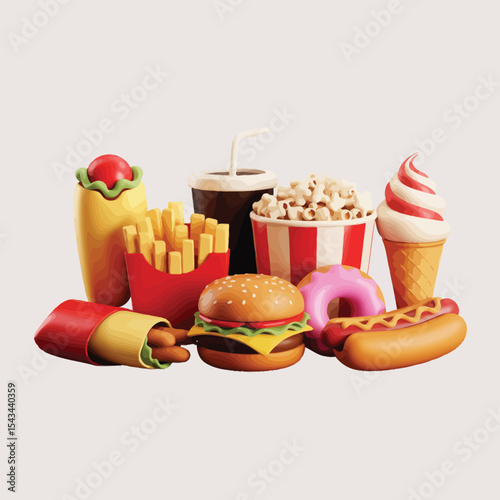 Assorted fast food and snacks 3d render
