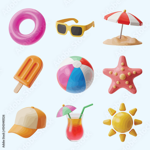 Summer vacation icons 3d render collection
