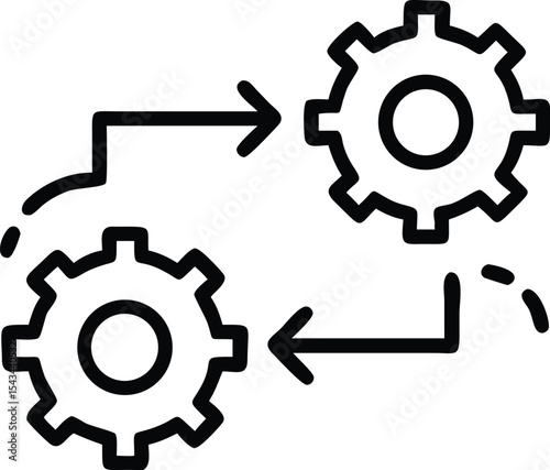 Process Flow Icon: Two Interconnected Gears with Arrows, Outlined, Minimalist Vector Graphic, Depicting Workflow, Connection, and Automated Technology.