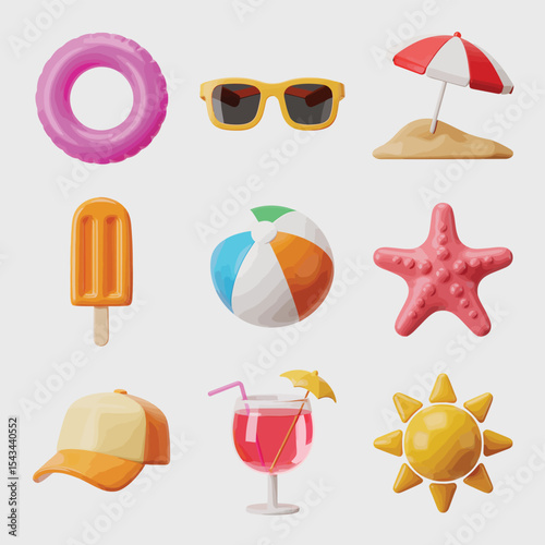 Summer vacation icons 3d render collection