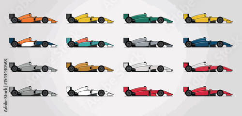Twelve colorful formula one race cars