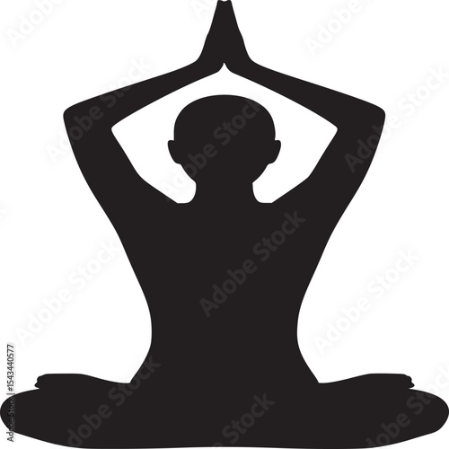 Silhouette of person in lotus position with hands raised above head on a white background image