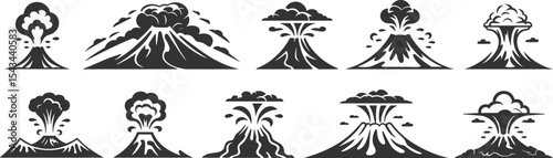  Dramatic Volcano Silhouettes: Explosive Eruption Designs in Black and White, Perfect for Nature and Disaster-Themed Projectsflat vector illustration