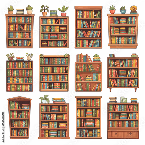Collection of wooden bookshelves with books and plants