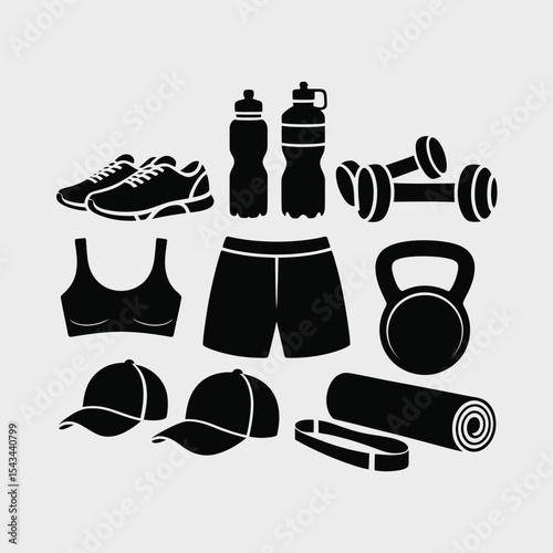 Fitness equipment and apparel icons set