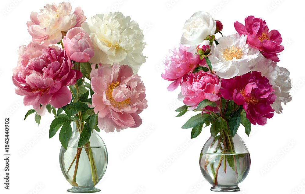 Obraz premium Peony flowers in a glass vase, in pink and white colors, with a transparent background