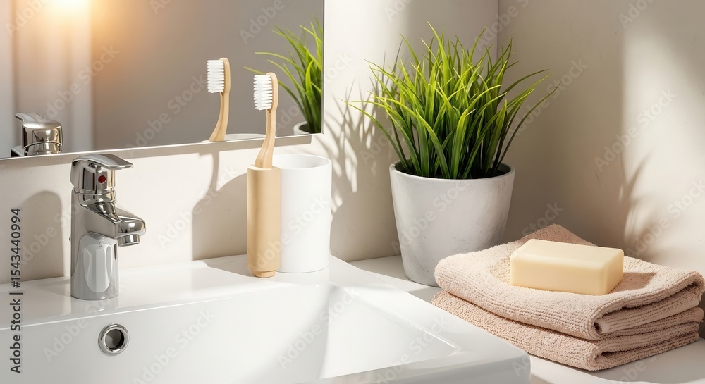 Fototapeta premium Clean Bathroom Sink with Toothbrushes Soap and Green Plant Pot