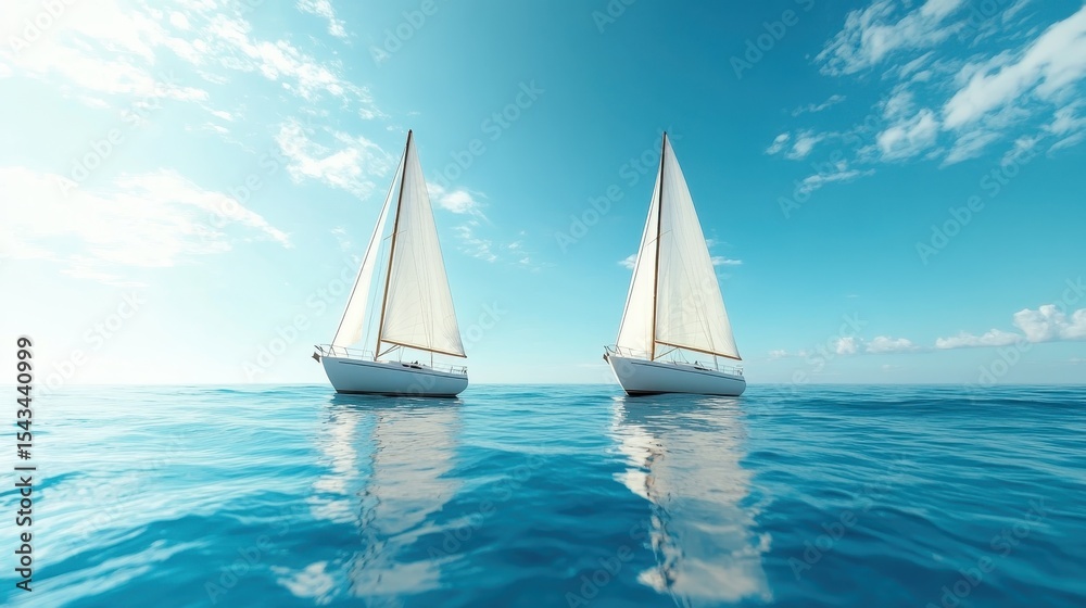 Fototapeta premium Two beautiful sailboats glide effortlessly on a tranquil blue sea, under the clear sky, symbolizing freedom and the beauty of sailing across open waters.
