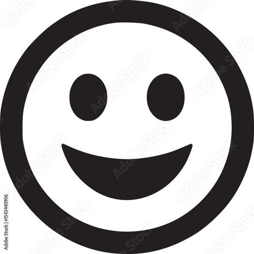 A simple black and white smiley face with circular eyes and a curved mouth on a white background