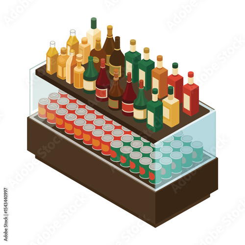 Isometric view of a retail display with alcohol and canned goods