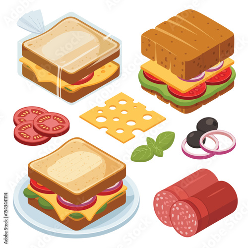 Delicious sandwiches with ingredients for lunch