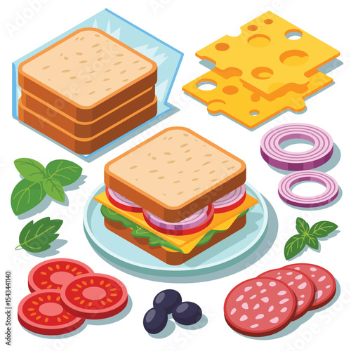 Isometric sandwich ingredients cheese bread tomato onion
