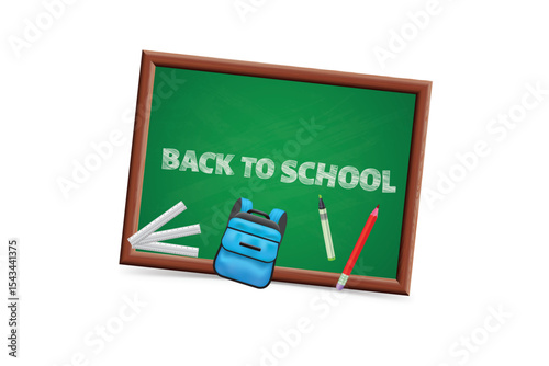 Back to school chalkboard with school supplies like pencils and rulers. Great for educational or promotional design.