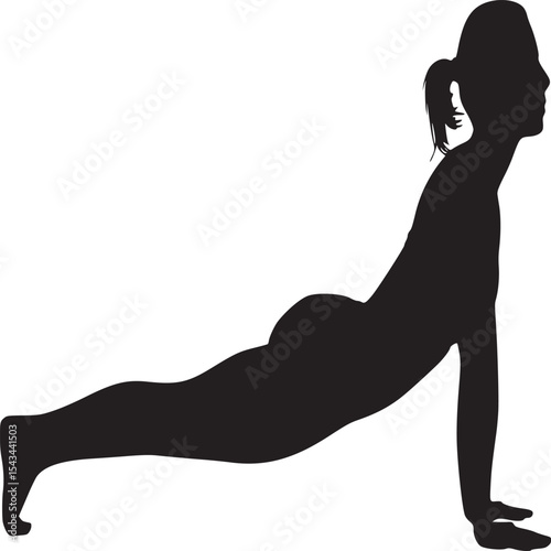 Silhouette of a woman in upward facing dog yoga pose on a white background in a studio setting