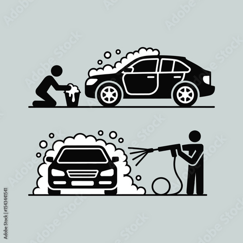 Car wash service icon set manual and pressure washing