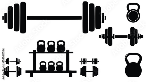 Gym equipment silhouette. Fitness sport, heavy barbell and bodybuilding vintage stencil. Wellness equipment, physical exercise or training board, vector illustration