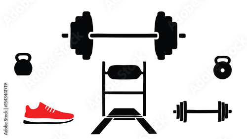 Silhouettes of Gym Equipment with Barbell, Kettlebells, Bench, and Red Running Shoe, Fitness and Workout Concept