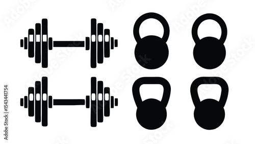 Silhouettes of Dumbbells and Kettlebells, Fitness Equipment Vector Icon Set. set of dumbbell weights