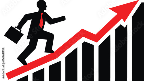 Concept of business growth and career progress, silhouette of businessman climbing stairs with arrow, vector. business man running with graph