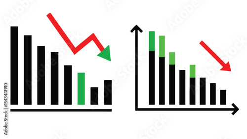 Silhouette set of financial graph with downward trend, falling market prices