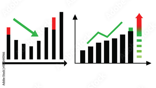Set of financial graph silhouette with up and down trend, price rise and fall