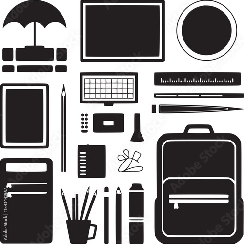Flat lay of various stationery items including a backpack and umbrella in black and white style
