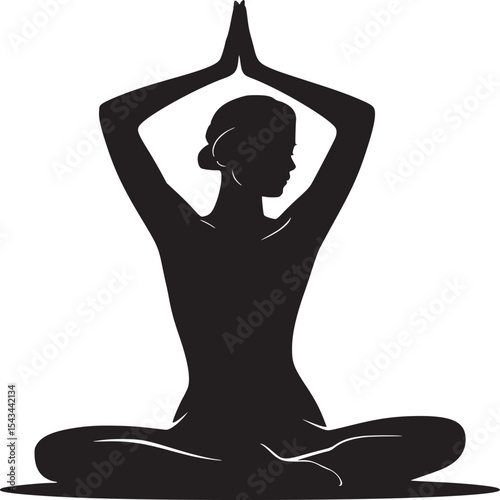Silhouette of a woman in lotus position with hands raised above her head in a white background image