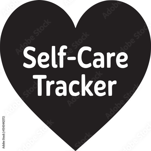 A black heart shape with white text that says self care tracker on a light gray background design image