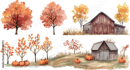 Watercolor Autumn Farm Scene with Barns Trees and Pumpkins Rustic Fall Harvest Illustration Thanksgiving and Halloween Theme Isolated on White Background Countryside Landscape Elements