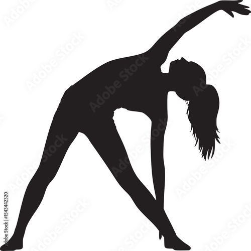 Silhouette of a woman performing a triangle yoga pose with arm extended overhead on a white background
