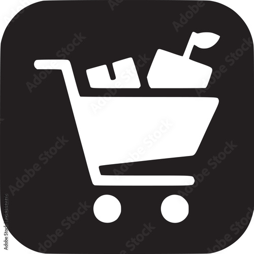 A black square icon showing a shopping cart filled with items in a minimalist style design element