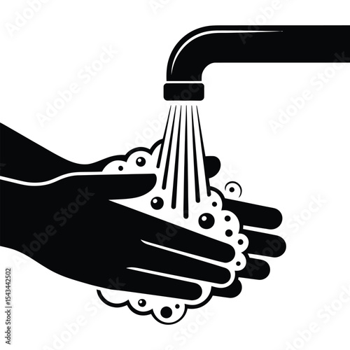Black and White Illustration of Hands Washing Under a Faucet with Soap Suds handwashing