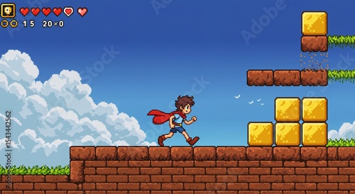 Pixel art game character running on a brick platform with a sky and clouds background