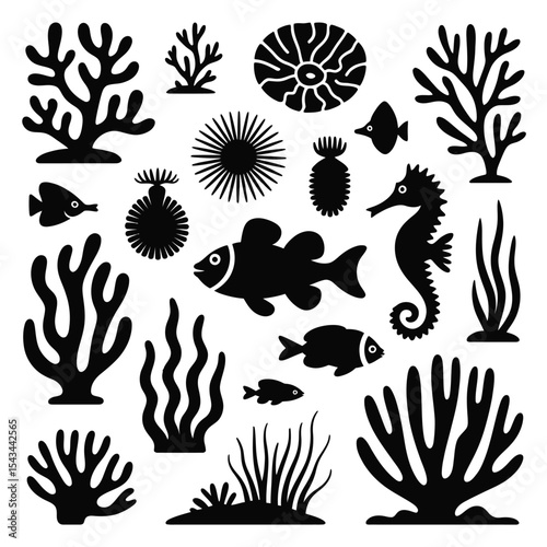 Black and white sea life collection illustration