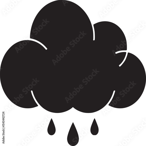 A black cloud with three raindrops falling from it against a white background in a vector graphic