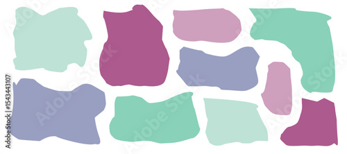 İrregular text box. Colorful abstract shapes arranged playfully on a white background create a modern artistic composition highlighting softness and texture