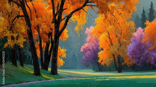 Autumns Embrace Golden trees line pathway with forest background, and tranquil scene.