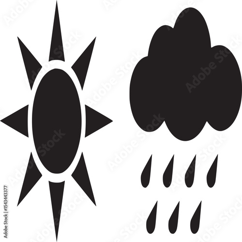 Illustration of a sun with rays and a rain cloud with raindrops on a white background design element